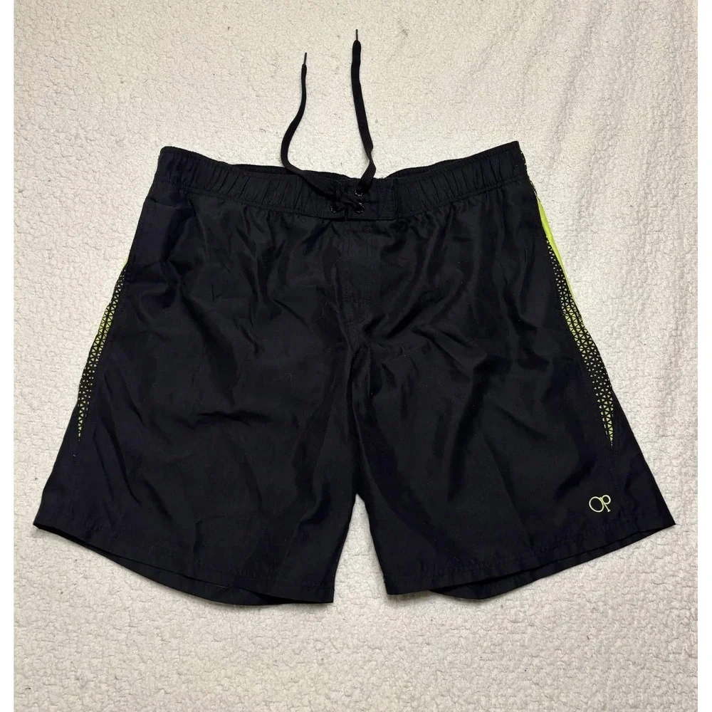 Ocean Pacific Mens Board Shorts XL Black Neon Yellow Swim Trunks OM26121Y Op